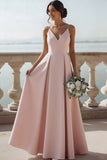 Pink V Neck A Line High Waist Long Bridesmaid Dress
