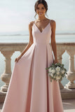 Pink V Neck A Line High Waist Long Bridesmaid Dress