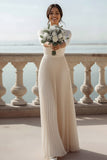Ivory Scoop Neck Pleated Long Wedding Reception Dress with Sleeves