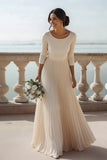 Ivory Scoop Neck Pleated Long Wedding Reception Dress with Sleeves