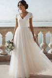 White V-Neck A-Line Chiffon Long Wedding Reception Dress