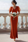 Sunset V-Neck Puff Sleeves Mermaid Long Wedding Guest Dress