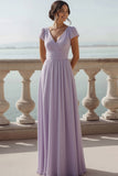 Lilac V-Neck Chiffon Long Bridesmaid Dress with Sleeves