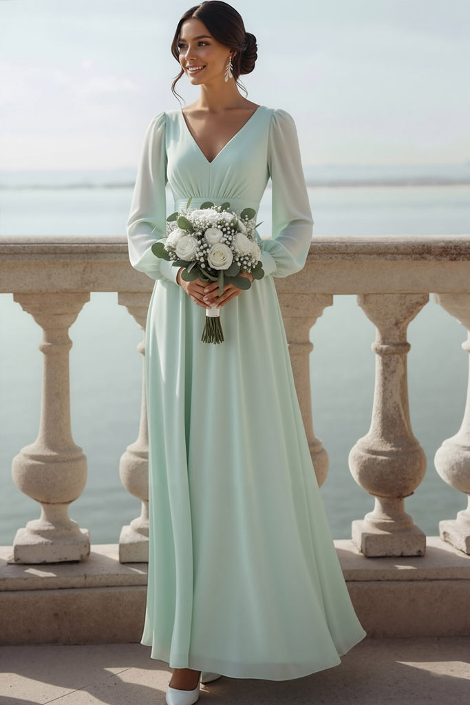 Leely Women Light Green Chiffon Long Bridesmaid Dress wih Sleeves A