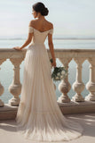 Ivory Tulle Off the Shoulder A Line Long Wedding Reception Dress