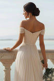 Ivory Tulle Off the Shoulder A Line Long Wedding Reception Dress