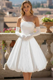 White Jacquard Strapless A Line Midi Wedding Reception Dress