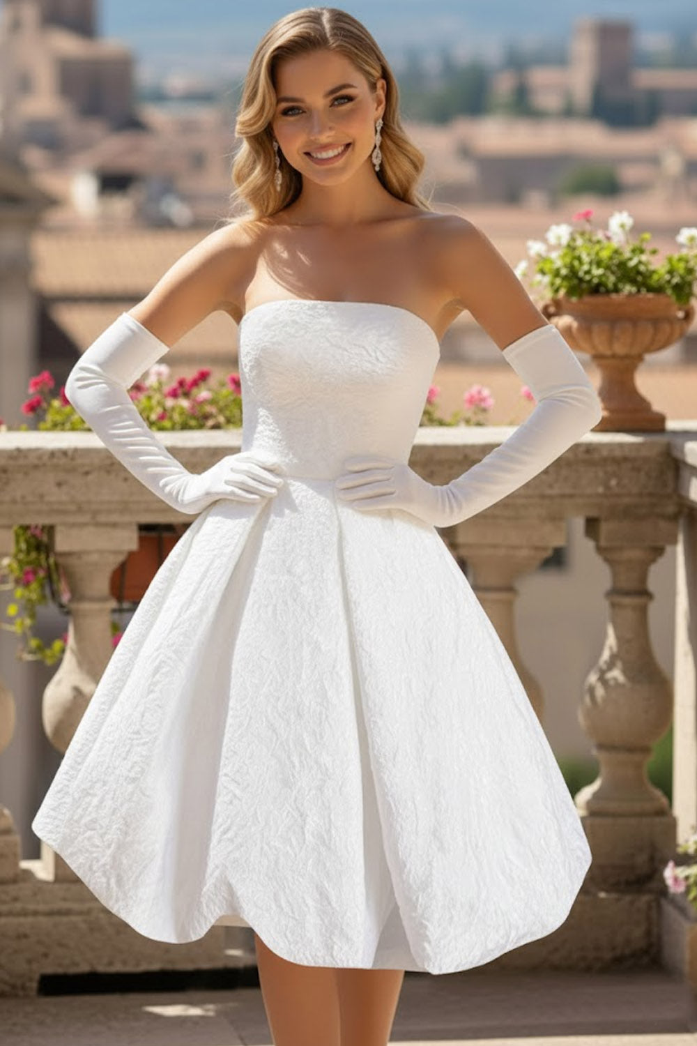 Leely Women White Jacquard Midi Wedding Reception Dress Strapless A