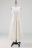White Scoop Neck A Line Midi Wedding Reception Dress with Bow