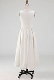 White Scoop Neck A Line Midi Wedding Reception Dress with Bow