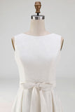 White Scoop Neck A Line Midi Wedding Reception Dress with Bow