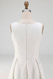 White Scoop Neck A Line Midi Wedding Reception Dress with Bow