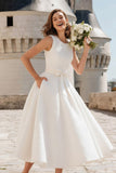White Scoop Neck A Line Midi Wedding Reception Dress with Bow