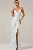 White and Blue Flower Spaghetti Straps Long Bridesmaid Dress wih Slit