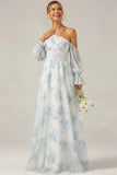 White and Blue Flower One Shoulder Long Bridesmaid Dress wih Sleeves