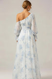 White and Blue Flower One Shoulder Long Bridesmaid Dress wih Sleeves