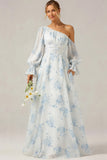 White and Blue Flower One Shoulder Long Bridesmaid Dress wih Sleeves