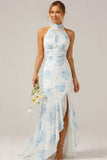 White and Blue Flower High Neck Long Bridesmaid Dress wih Slit
