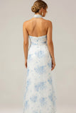 White and Blue Flower High Neck Long Bridesmaid Dress wih Slit