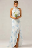 White and Blue Flower High Neck Long Bridesmaid Dress wih Slit