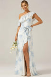 White and Blue Flower One Shoulder Long Bridesmaid Dress wih Bow