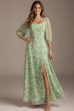 Floral Green Square Neck Long Bridesmaid Dress with Slit