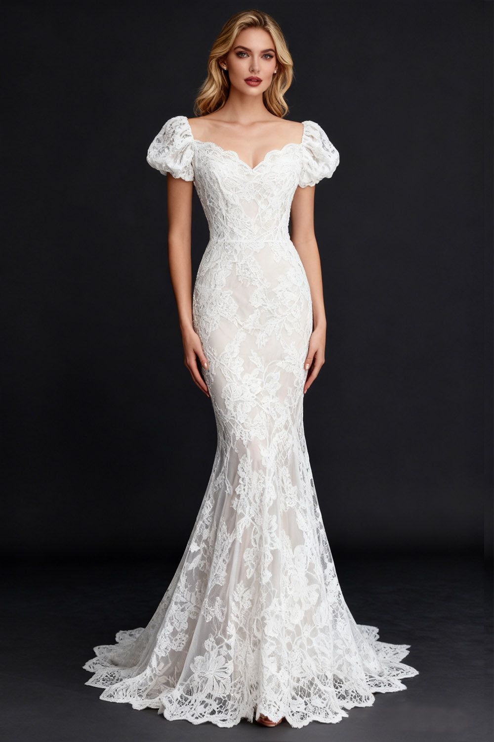 Leely Women White Mermaid Long Engagement Dress with Sleeves Lace Civil