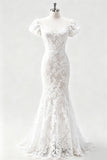 White Mermaid Long Lace Engagement Dress with Sleeves