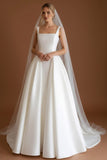 Leely Women White Princess Long Wedding Dress Thick Straps Lace Up Back Bridal Dress