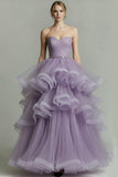Lilac A-Line Tiered Tulle Long Prom Dress