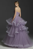 Lilac A-Line Tiered Tulle Long Prom Dress