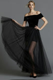 Black Velvet A Line Long Holiday Party Dress with Tulle