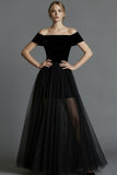 Black Velvet A Line Long Holiday Party Dress with Tulle