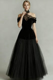 Black A-Line Tulle Long Prom Dress with Lace