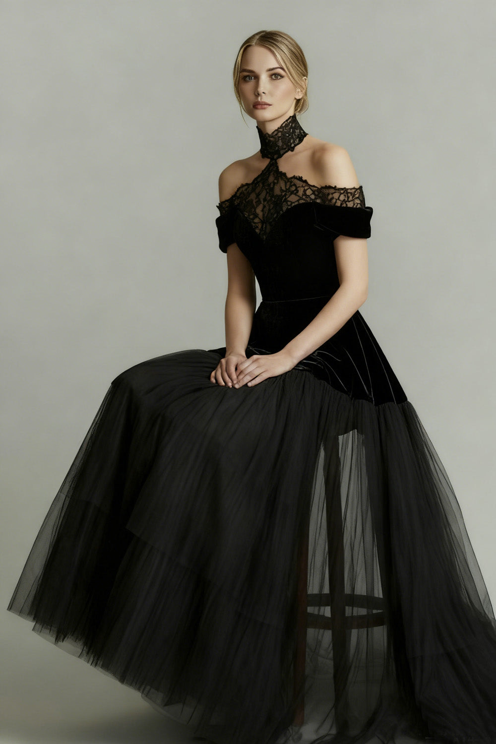 black lace prom dress uk Leely Women Black Tulle Long Vintage Prom Dress with Lace A-Line Velvet Holiday Party Dress – leelyuk