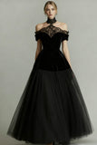 Black A-Line Tulle Long Prom Dress with Lace