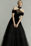 Black A-Line Tulle Long Prom Dress with Lace