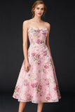 Sparkly Pink Corset Sweetheart Floral A Line Midi Cocktail Dress