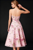 Sparkly Pink Corset Sweetheart Floral A Line Midi Cocktail Dress