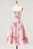 Sparkly Pink Corset Sweetheart Floral A Line Midi Cocktail Dress