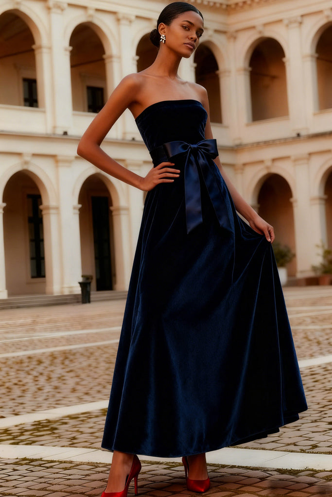 Leely Women Navy Strapless Long Formal Dress with Bow A-Line Backless