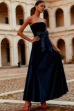 Navy A-Line Strapless Velvet Long Formal Dress with Bow