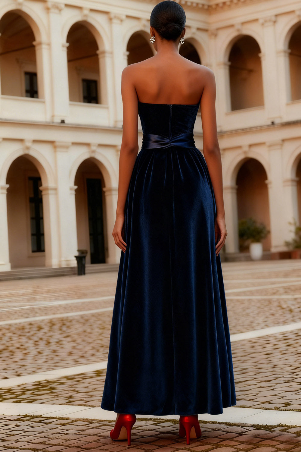 Leely Women Navy Strapless Long Formal Dress with Bow A-Line Backless