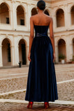 Navy A-Line Strapless Velvet Long Formal Dress with Bow