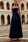 Navy A-Line Strapless Velvet Long Formal Dress with Bow