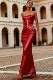 Sparkly Sequin Red Mermaid Strapless Long Evening Dress