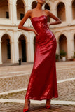 Sparkly Sequin Red Mermaid Strapless Long Evening Dress