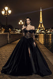 Black Princess Velvet Long Corset Prom Dress with Lace