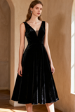 Black V-Neck A-Line Backless Velvet Midi Cocktail Dress