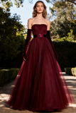 Burgundy A-Line Tulle Strapless Long Prom Dress with Belt